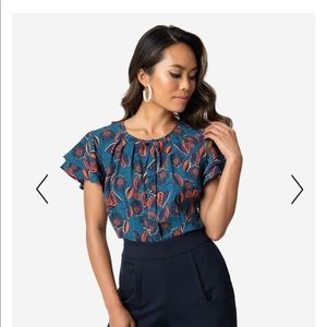 1940s Navy Blue & Orange Floral Chiffon Cap Sleeve